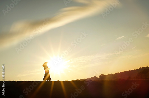 Young girl walking into bright sunset on hill photo