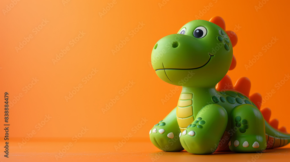 Fototapeta premium Green toy dinosaur on an orange background.