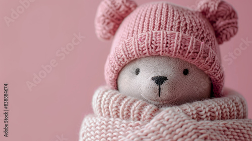 Teddy bear in a pink knitted hat and scarf, close-up.