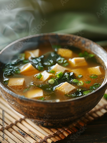 Steaming miso soup with tofu and seaweed in a rustic bowl.