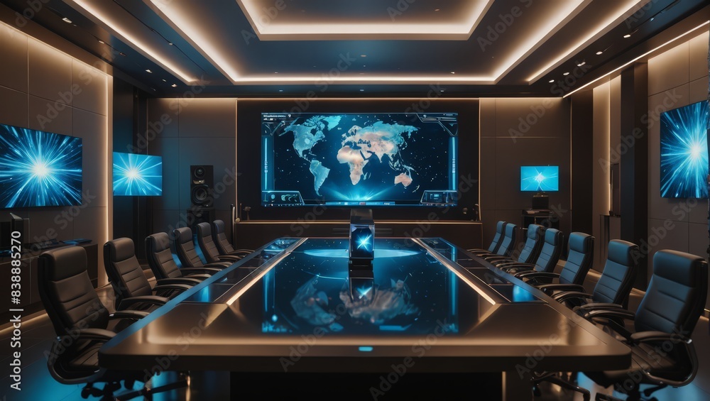 Futuristic Conference Room with World Map Display Futuristic Conference Room with World Map Display