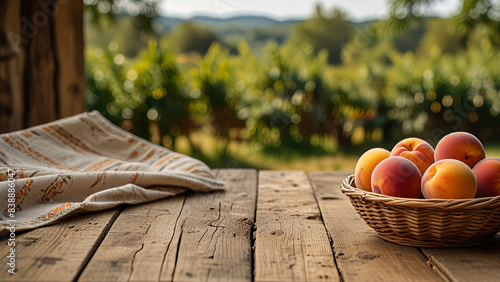 Ripe fragrant peaches in a wicker bowl with tablecloth on a wooden surface on rustic countryside blurred background. Banner with copy space. Farm natural products concept. Nature landscape