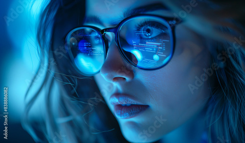 Close up image of computer programming code reflecting on developer woman's glasses with dark background. Generative AI