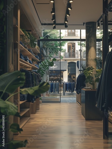 A cinematic photograph of a clothing store in the light of day, in a minimalist style