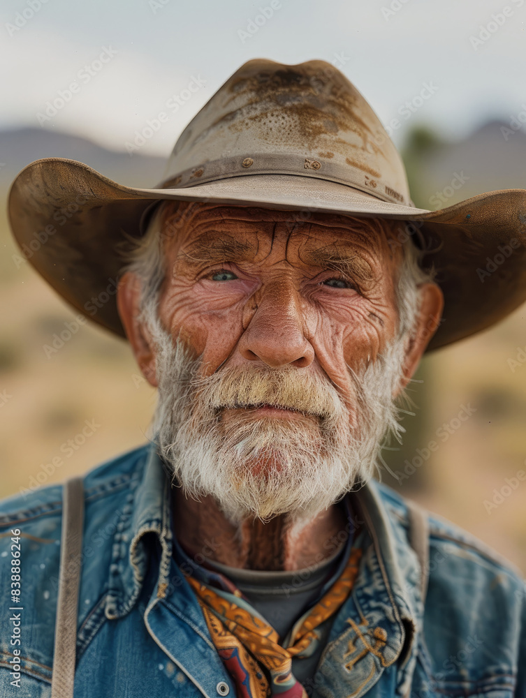 Fototapeta premium Elderly man in a hat and denim jacket with desert background.