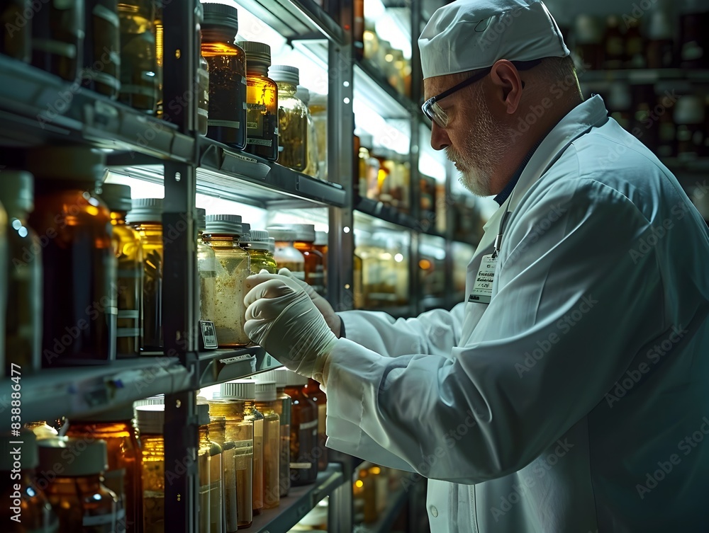 Lab-Coated Investigator Examining Herbal Extracts in Secure Evidence Locker Lab-Coated Investigator Examining Herbal Extracts in Secure Evidence Locker
