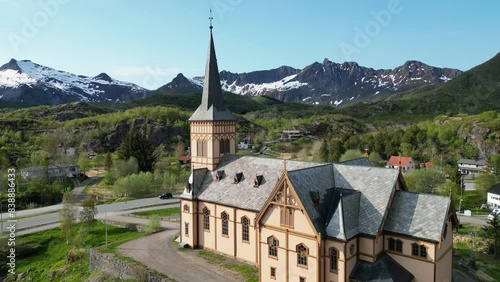 Lofoten Islands: Vågan Church Aerial Imagery. photo