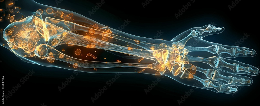 Forensic X-ray of a shattered arm, clear bone fragmentation, high ...