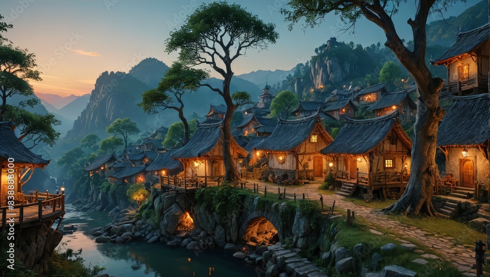 Fototapeta premium Mystical Mountain Village at Dusk