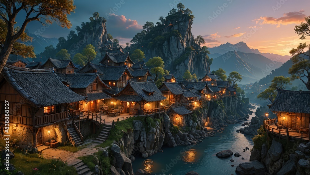 Obraz premium Enchanted Village on Cliffside