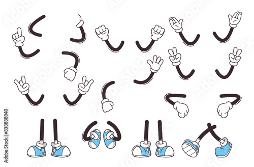 Vector Collection Of Retro Cartoon Arms, Legs, Hands And Feet In Dynamic Poses. Vintage Animation Character Design