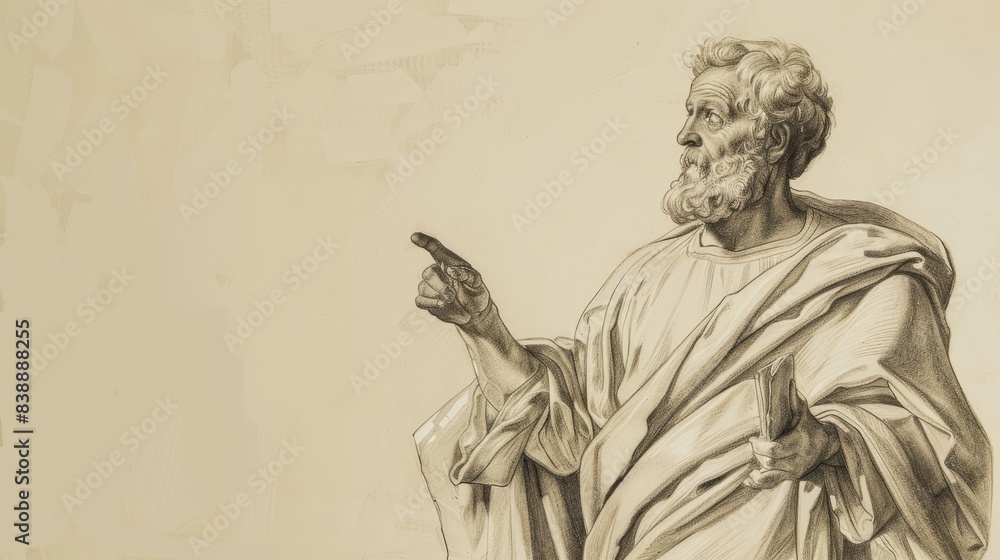 Fototapeta premium Apostle Simon the Zealot Spreading Gospel with Zeal and Fervor - Biblical Illustration on Beige Background - Copyspace