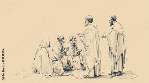Apostle Thomas Praying with New Converts - Filled with Faith - Biblical Illustration on Beige Background - Copyspace