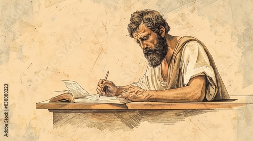 Apostle Paul Writing Epistles - Inspired by Holy Spirit - Biblical Illustration on Beige Background - Copyspace photo