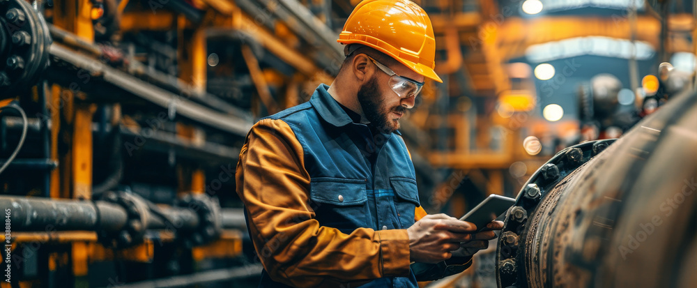 An industrial engineer, wearing a hard hat and safety glasses, uses a tablet to inspect a large pipe within a factory setting An industrial engineer, wearing a hard hat and safety glasses, uses a tablet to inspect a large pipe within a factory setting