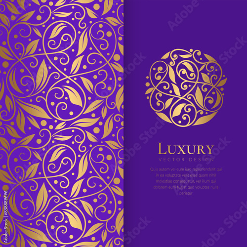 Purple and gold invitation card design with vector mandala pattern. Vintage ornament template. Can be used for background and wallpaper. Elegant and classic vector elements great for decoration.