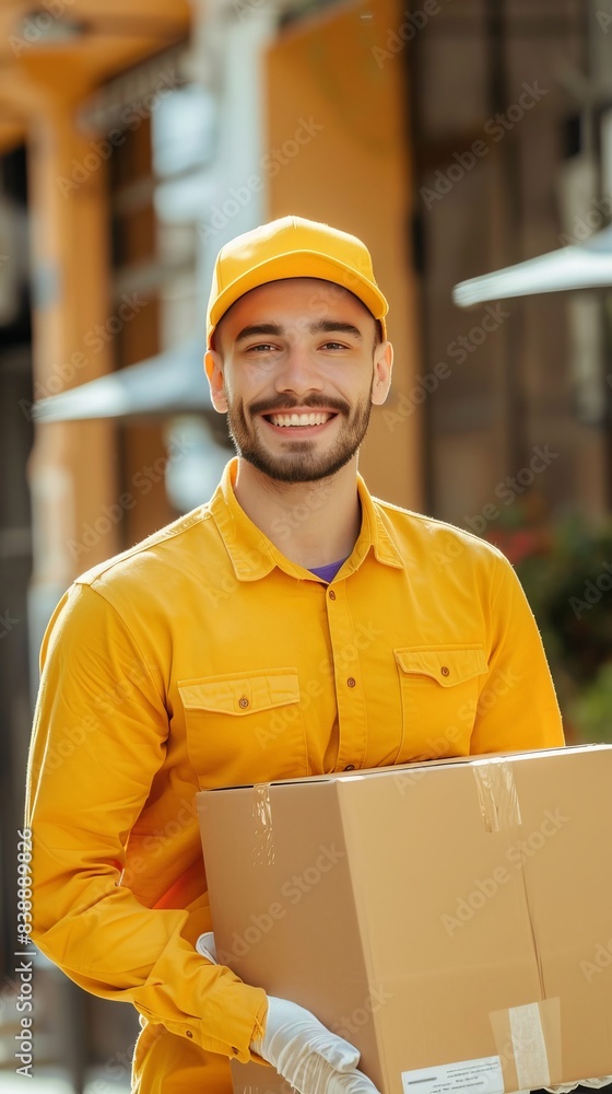 An employee in a yellow uniform shirt, holding a delivery cardboard box, looking happily at the camera An employee in a yellow uniform shirt, holding a delivery cardboard box, looking happily at the camera