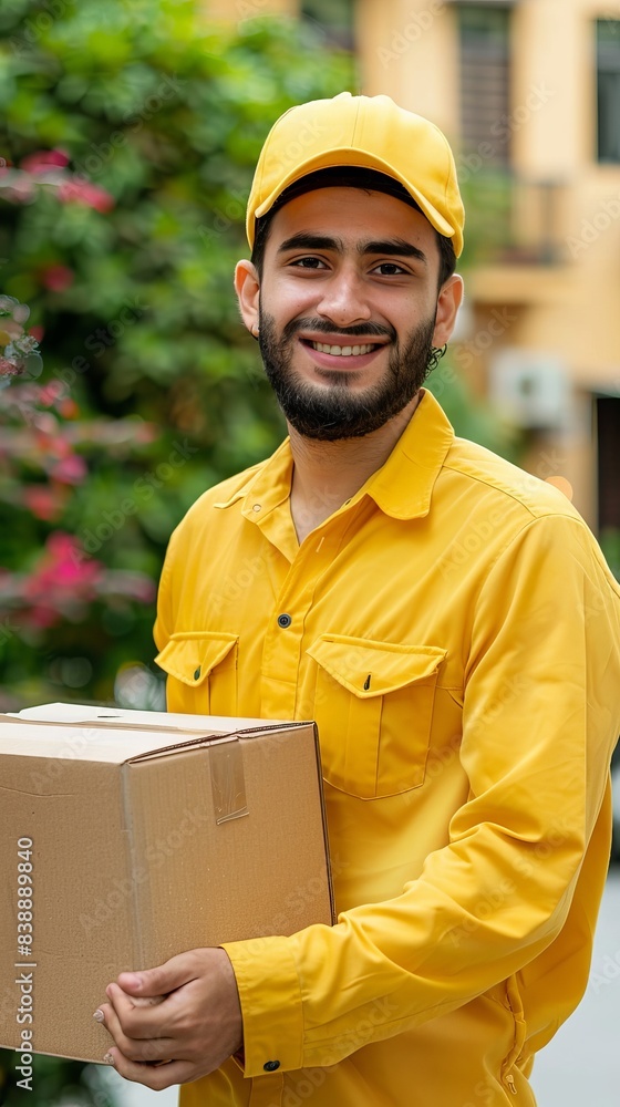 An employee in a yellow uniform shirt, holding a delivery cardboard box, looking happily at the camera An employee in a yellow uniform shirt, holding a delivery cardboard box, looking happily at the camera