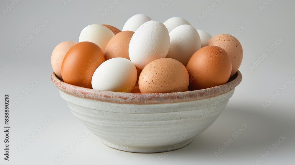 High-detail shot of a bowl of mixed eggs, captured with studio lighting, white background, designed for food advertising High-detail shot of a bowl of mixed eggs, captured with studio lighting, white background, designed for food advertising