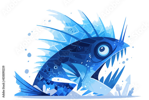 A fierce blue fish with sharp teeth and spiky fins, depicted in a dynamic pose. Flat vector illustration.