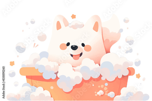 A fluffy white dog taking a bubble bath, surrounded by soap bubbles and looking happy. Flat vector illustration.