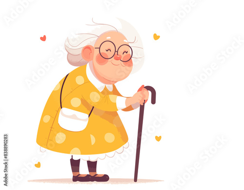 An elderly woman with white hair and glasses, wearing a yellow polka dot dress and holding a cane, smiling happily. Flat vector illustration.