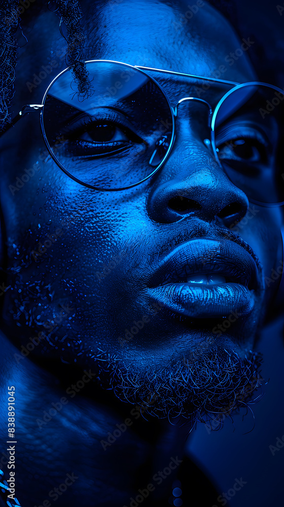 Close up portrait of Young African American handsome man listening to music with headphones Close up portrait of Young African American handsome man listening to music with headphones