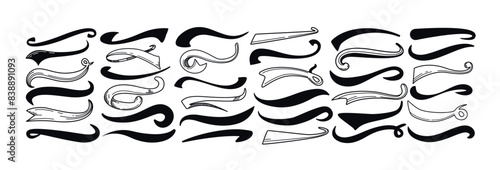 Baseball swoosh, sports swash tails in retro style. Underline wave line, black calligraphic swirl for football or athletics. Hand drawn curly swishes typographic set. Logo typography vector elements.