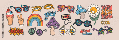 Vector set of 70s hippie groovy stickers in retro psychedelic style. Trippy smiling daisy flower, fly agaric mushroom with eyes, rainbow, peace gesture V sign and sunglasses. Vintage disco eyewears.