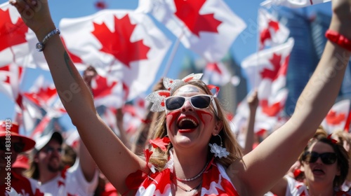 Canada day celebrating city. People with national flags. Background illustration generated by ai