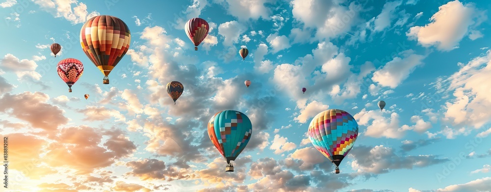 Fototapeta premium Hot Air Balloon Ride in blue sky white clouds background for wide banner of travel agency or adventure tour,Aerostat flying above clouds,International Balloon Fiesta.