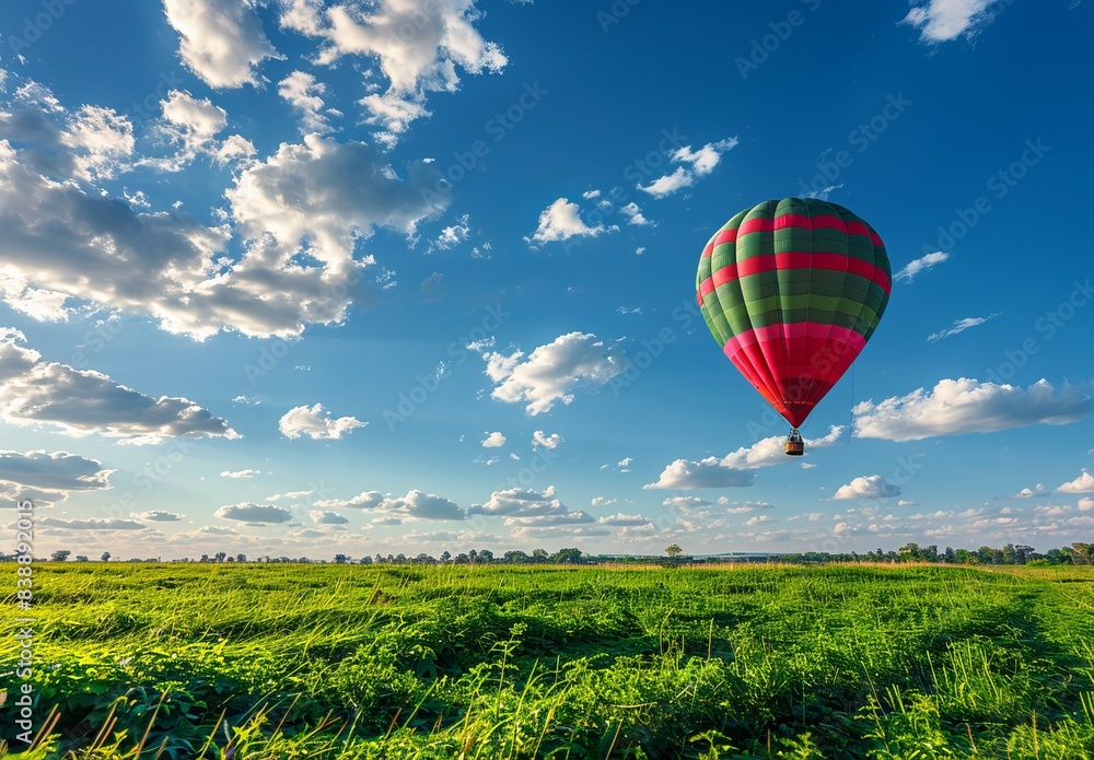 Fototapeta premium Hot Air Balloon Ride in blue sky white clouds background for wide banner of travel agency or adventure tour,Aerostat flying above clouds,International Balloon Fiesta.