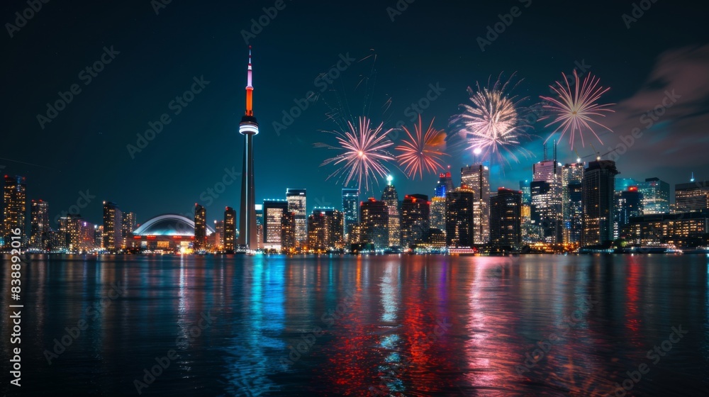Obraz premium Canada independence day. City landscape with fireworks illustration generated by ai