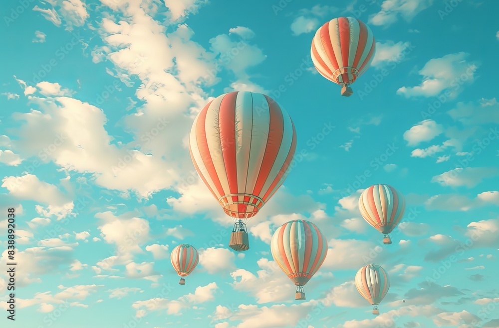Obraz premium Hot Air Balloon Ride in blue sky white clouds background for wide banner of travel agency or adventure tour,Aerostat flying above clouds,International Balloon Fiesta.