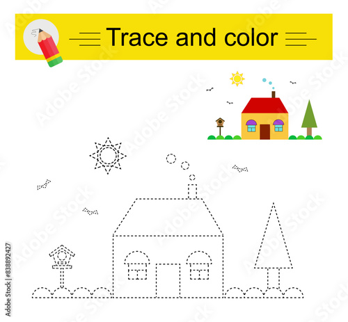 Trace and color for children. Preschool worksheet for practicing fine motor skills. Cartoon house, trees.