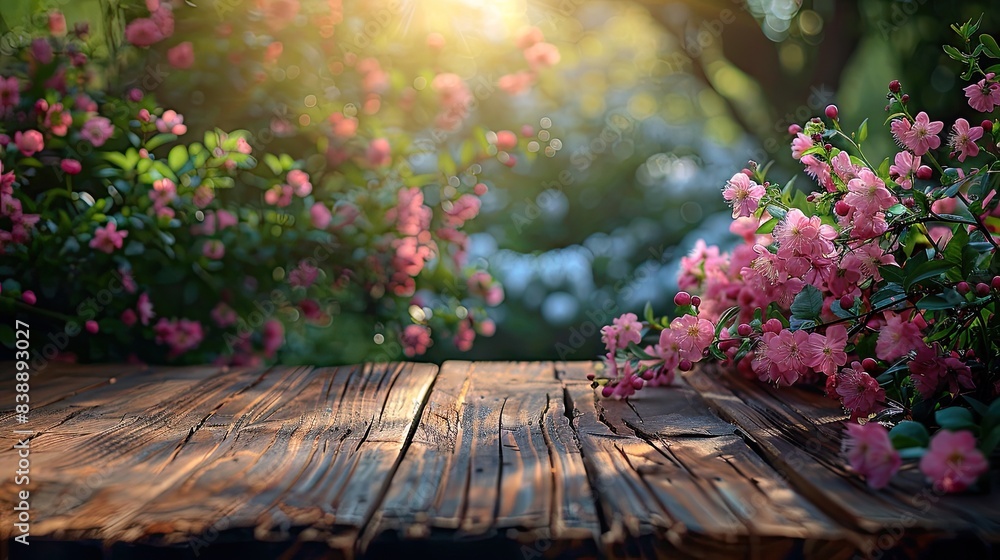 Springtime Beauty: Wooden Table in Garden with Lush Green Foliage and Flowering Branches Under Sunlight Springtime Beauty: Wooden Table in Garden with Lush Green Foliage and Flowering Branches Under Sunlight