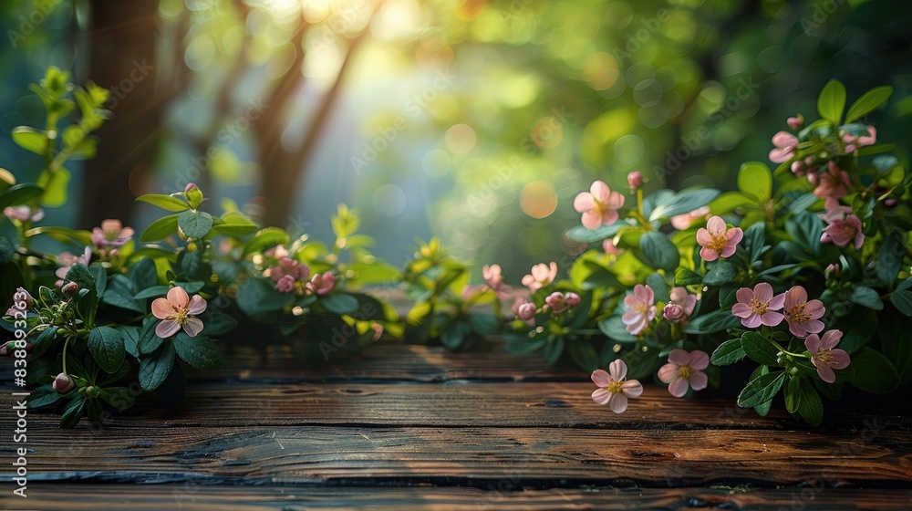 Springtime Beauty: Wooden Table in Garden with Lush Green Foliage and Flowering Branches Under Sunlight Springtime Beauty: Wooden Table in Garden with Lush Green Foliage and Flowering Branches Under Sunlight