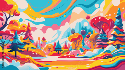 Vibrant Fantasy Landscape with Colorful Trees and Mountains