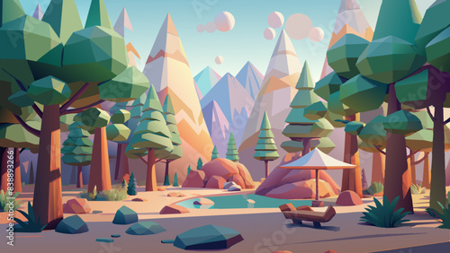 Serene Campsite in Stylized Forest with Majestic Mountains