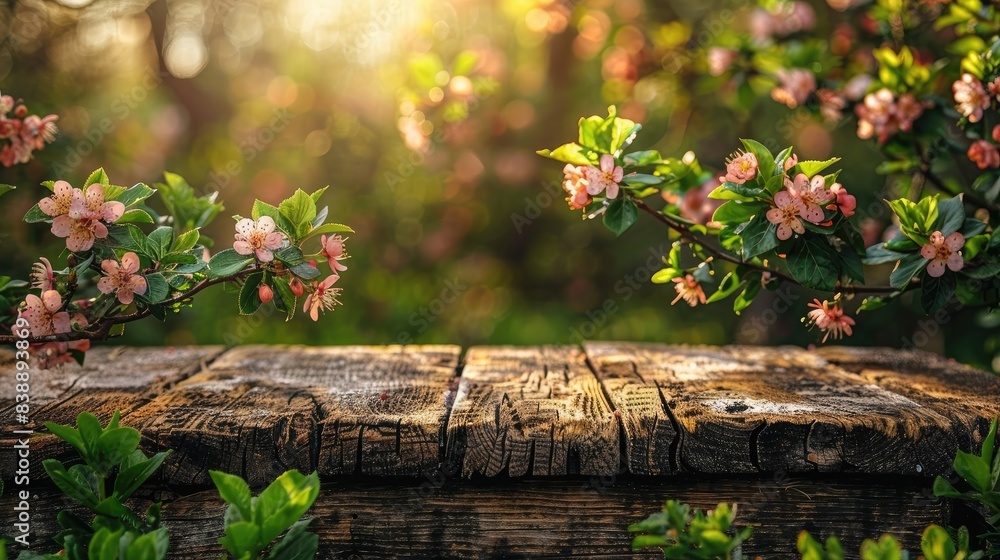 Springtime Beauty: Wooden Table in Garden with Lush Green Foliage and Flowering Branches Under Sunlight Springtime Beauty: Wooden Table in Garden with Lush Green Foliage and Flowering Branches Under Sunlight