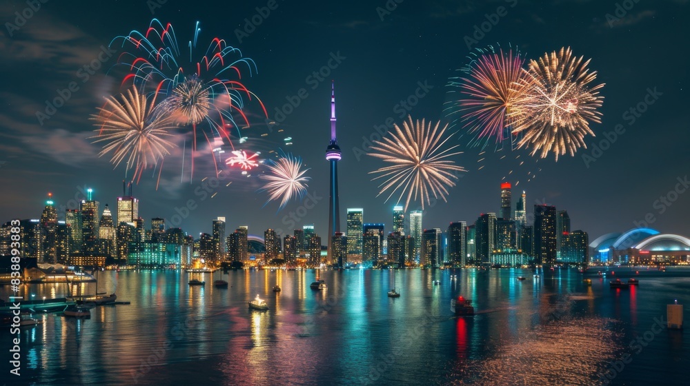 Canada independence day. City landscape with fireworks illustration generated by ai Canada independence day. City landscape with fireworks illustration generated by ai