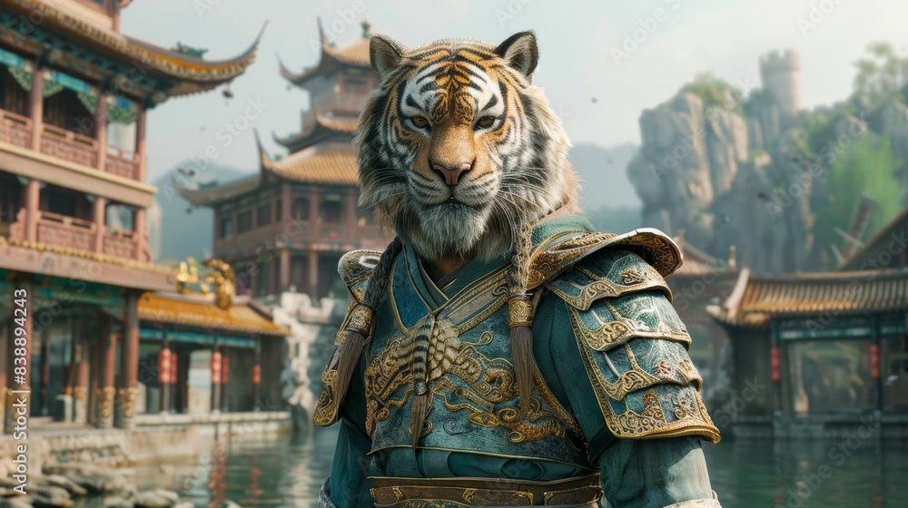 Fototapeta premium Tiger Warrior in Traditional Armor at Ancient Chinese Temple