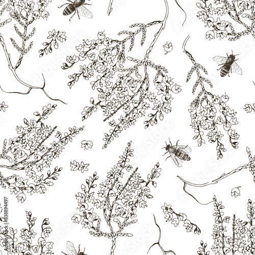 Seamless pattern with blooming heather and bees