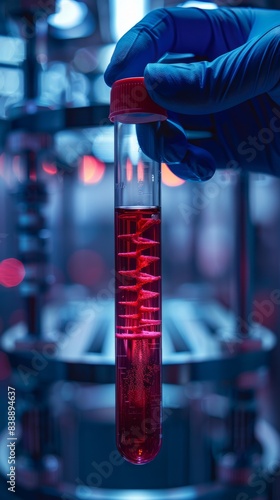 DNA Test Vial with Red Liquid in Medical Laboratory.