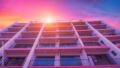 building with balconies, stairway to sky, modern office building with windows, modern office building country, Vue en contre-plongée d'un immeuble moderne avec balcons et grandes fenêtres, créant un e photo