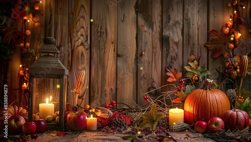 Concept of Thanksgiving day or Halloween. Wooden table with lantern and candles decorated with pumpkins, apple, and corncobs. Copy space for text. Thanksgiving greeting card, background, and wallpaper
