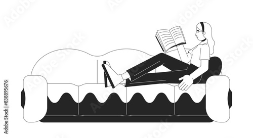 Relaxed european woman reading book on sofa black and white 2D line cartoon character. Caucasian female relaxing isolated vector outline person. Lo fi lifestyle monochromatic flat spot illustration