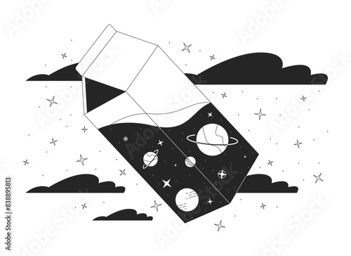 Cosmic milk in night sky black and white 2D illustration concept. Abstract dream. Lo fi vibe fantasy cartoon outline scene isolated on white. Outer space view in box metaphor monochrome vector art