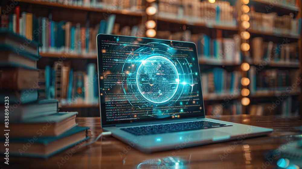 A laptop with an AI digital sphere hologram on the screen, displaying code and data streams in front of shelves filled with books in a library background A laptop with an AI digital sphere hologram on the screen, displaying code and data streams in front of shelves filled with books in a library background