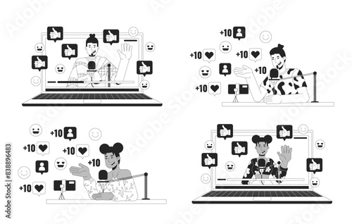 Influencer content creator black and white 2D illustration concept set. Diverse vloggers cartoon outline characters isolated on white. Social media popularity metaphor monochrome vector art collection